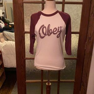 Obey raglan burgundy and white size medium